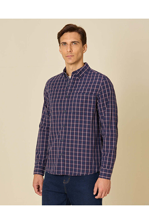Men Navy Checked Long Sleeve Shirt