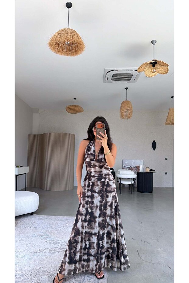 Brown Tie-Dye Patterned Tulle Long Dress
