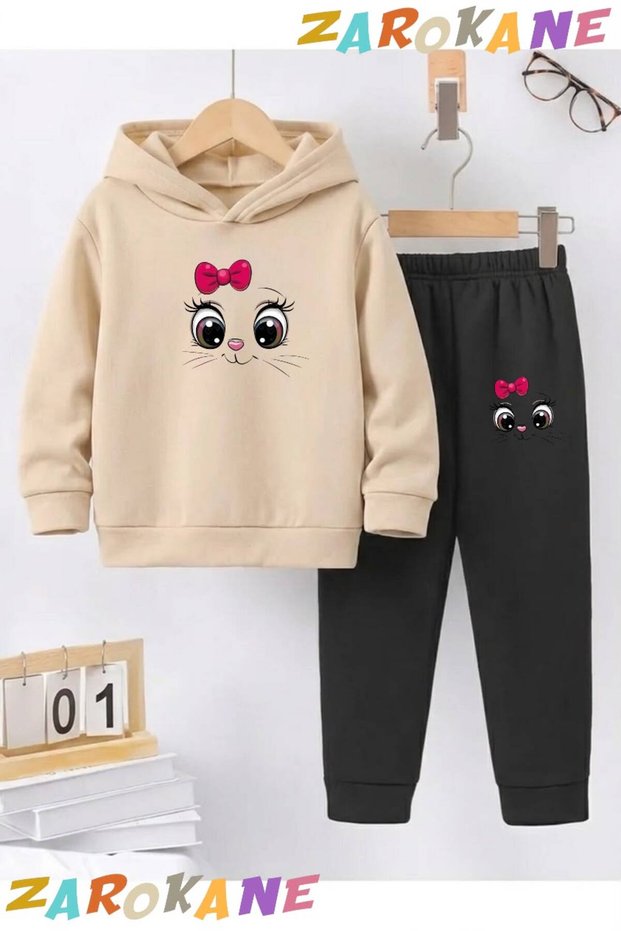 Cat Printed Winter Children's Hooded Cotton Insulated Tracksuit Set (Bottom Tracksuit with Pockets)