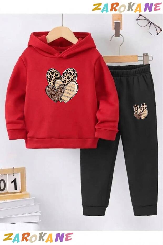 3Leopard Heart Printed Winter Children's Hooded Top and Bottom Cotton Tracksuit Set (Bottom Tracksuit with Pockets)