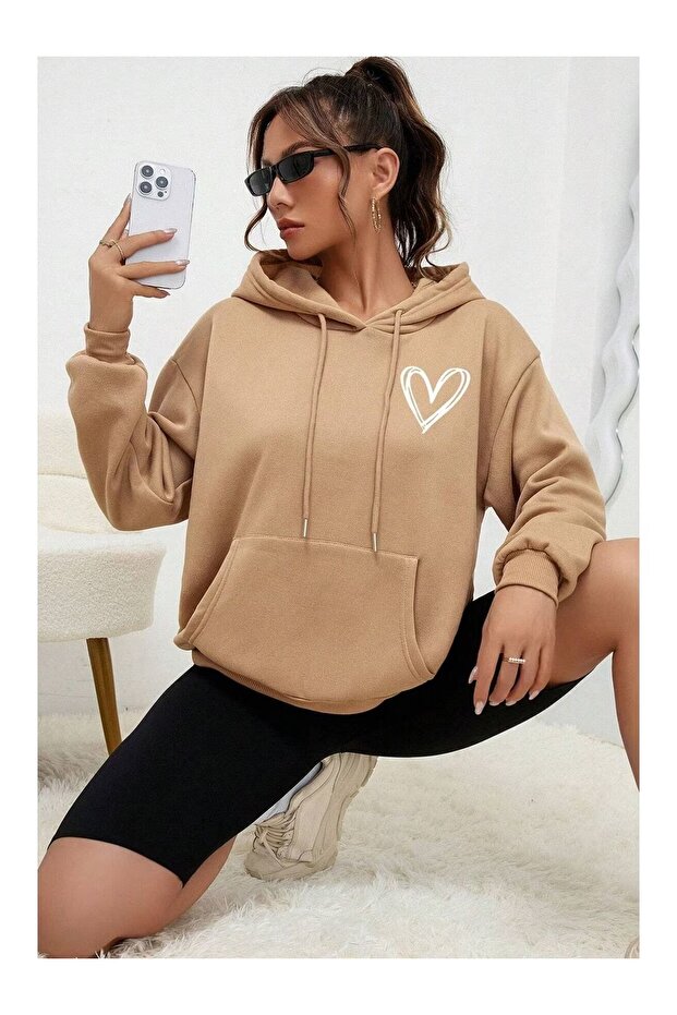 Heart Printed Women's Oversize Hooded Sweatshirt