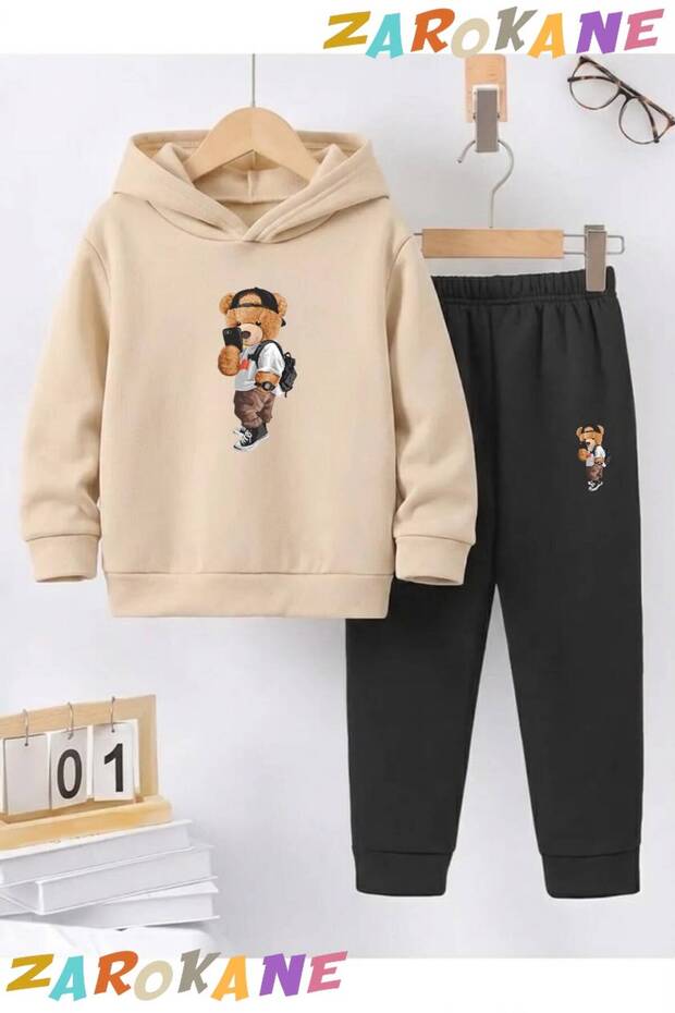 Photographer Bear Printed Winter Children's Hooded Cotton Insulated Tracksuit Set (Bottom Tracksuit with Pockets)