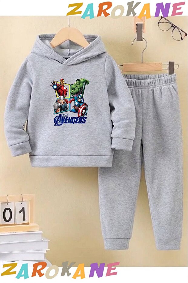 Avengerslar Printed Winter Children's Hooded Top and Bottom Cotton Track Suit (Bottom Pants with Pockets)