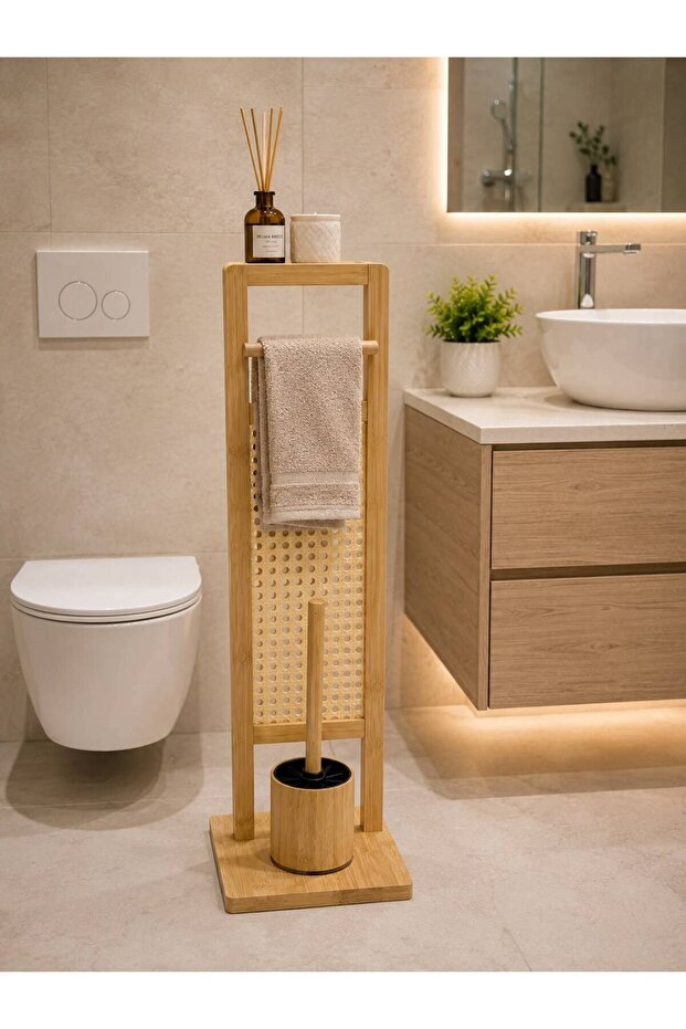 طقم حمام مستطيل الشكل من الخيزران يشمل حامل ورق التواليت ومجموعة فرشاة المرحاض