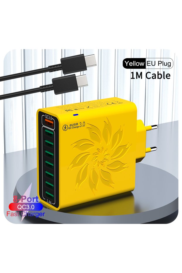 EU Yellow CC Cable 8 Ports USB Charger QC 5.0 Fast Charging EU US KR Plug 65W Fast Charger Power Ada