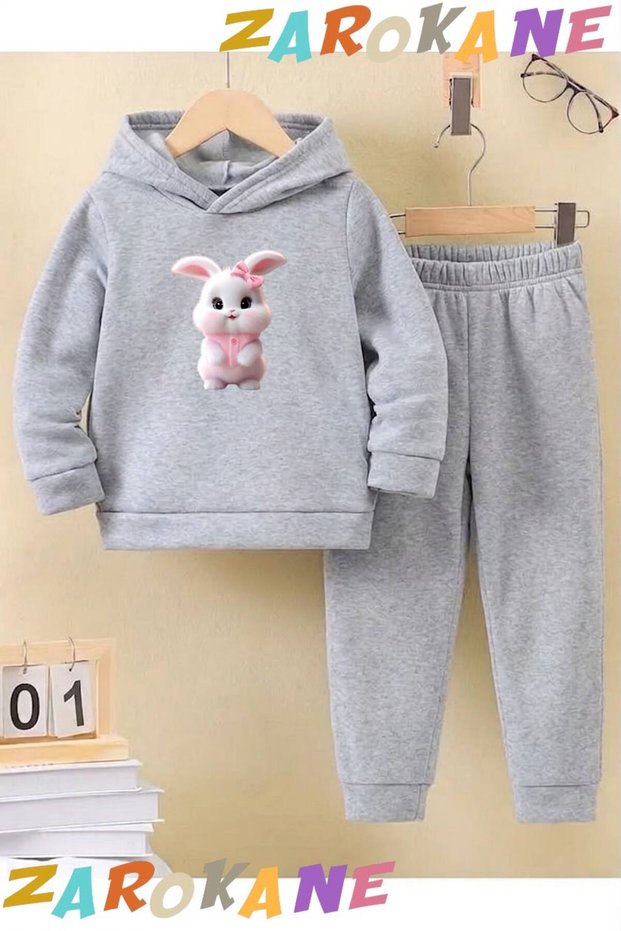 White Rabbit Printed Winter Children's Hooded Cotton Insulated Tracksuit Set (Bottom Tracksuit with Pockets)