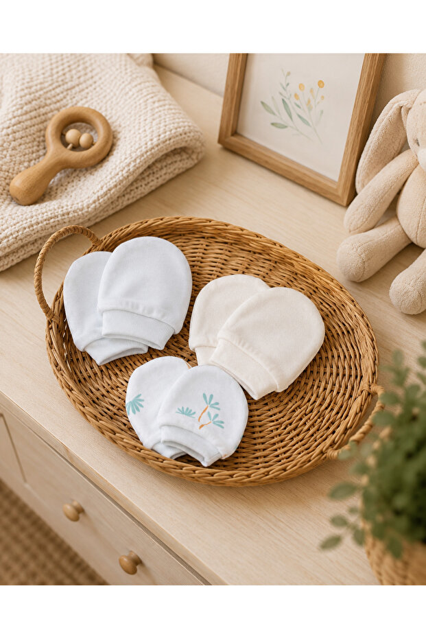3-Piece Organic Cotton Newborn Glove Set Palm Blue Ecru