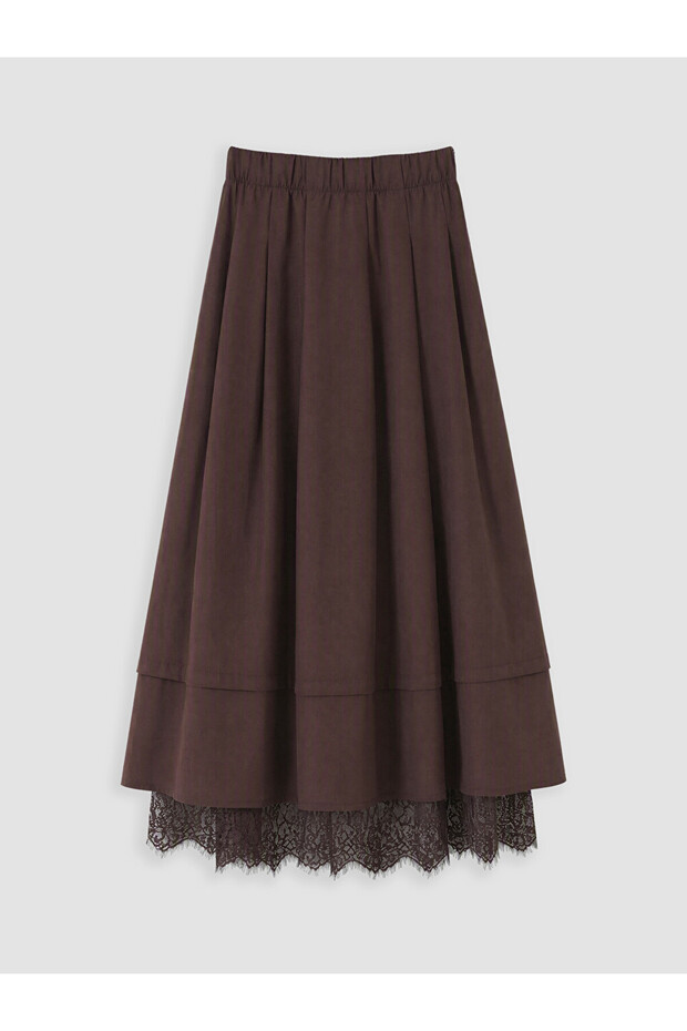 Brown Elastic Waist Lace Detailed Flared Skirt