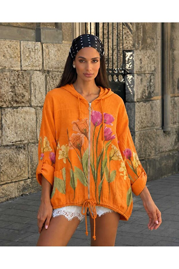 Italian Raw Linen Hooded Floral Patterned Women's Jacket – Oversize Zippered Summer Jacket