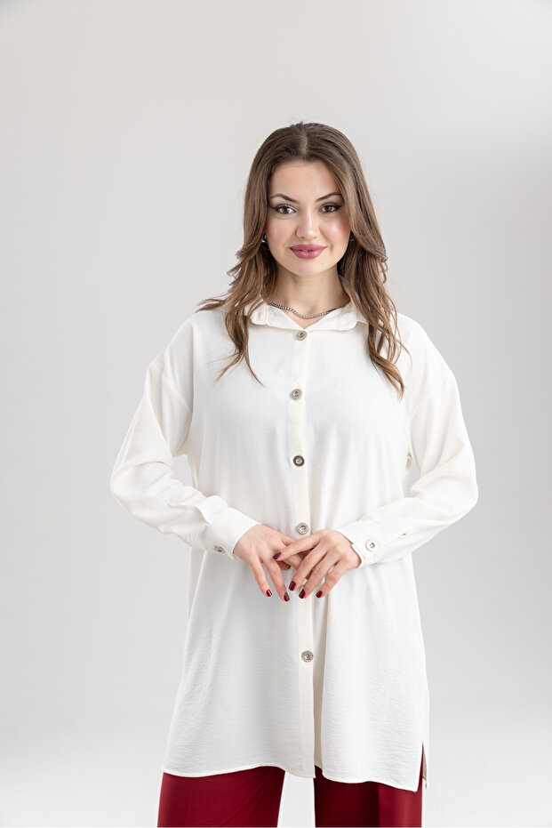 Women's Basic Buttoned Shirt Collar Ayrobin Tunic
