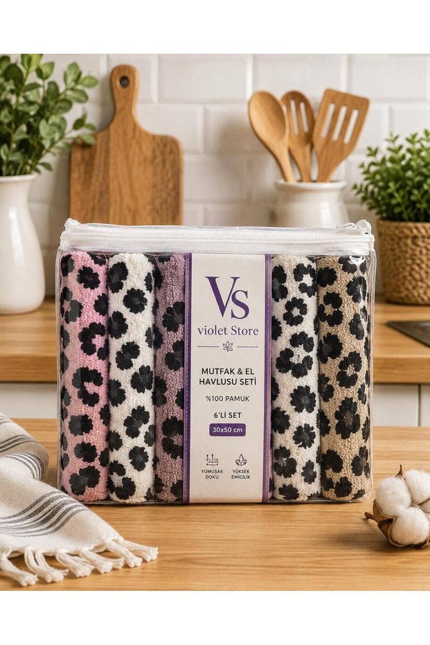 Set of 6 30X50 cm 100% Cotton Kitchen Towels and Hand Towels in Mixed Colors - Soft, Absorbent - Leopard Pattern