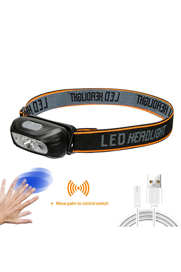 مصباح رأس هايناست أسود قوي مزود بمستشعر LED، قابل لإعادة الشحن عبر منفذ USB، مصباح رأس LED للتخييم والبحث