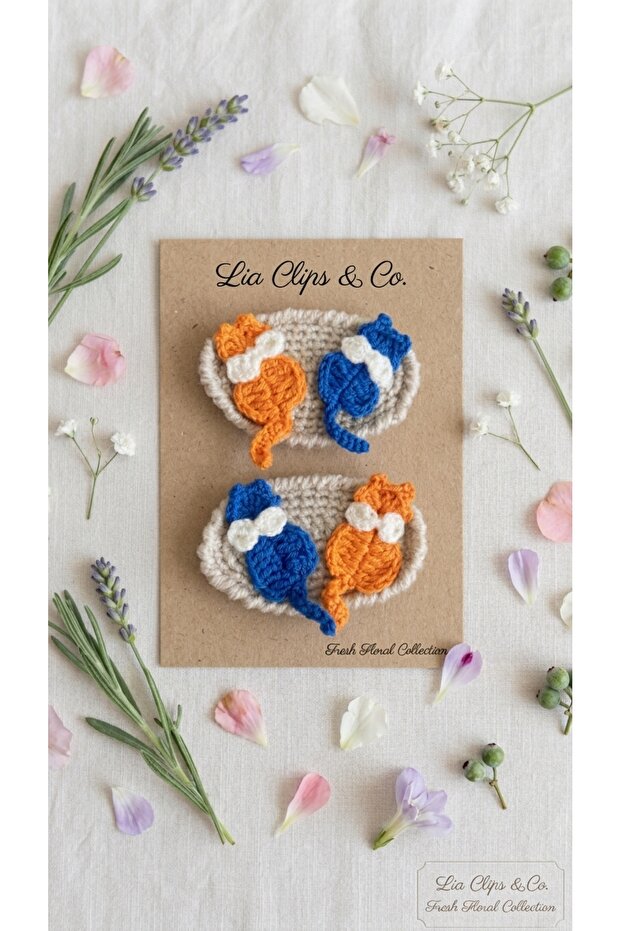 Hand Knitted Set of 2 Hair Clips with Cat Figures