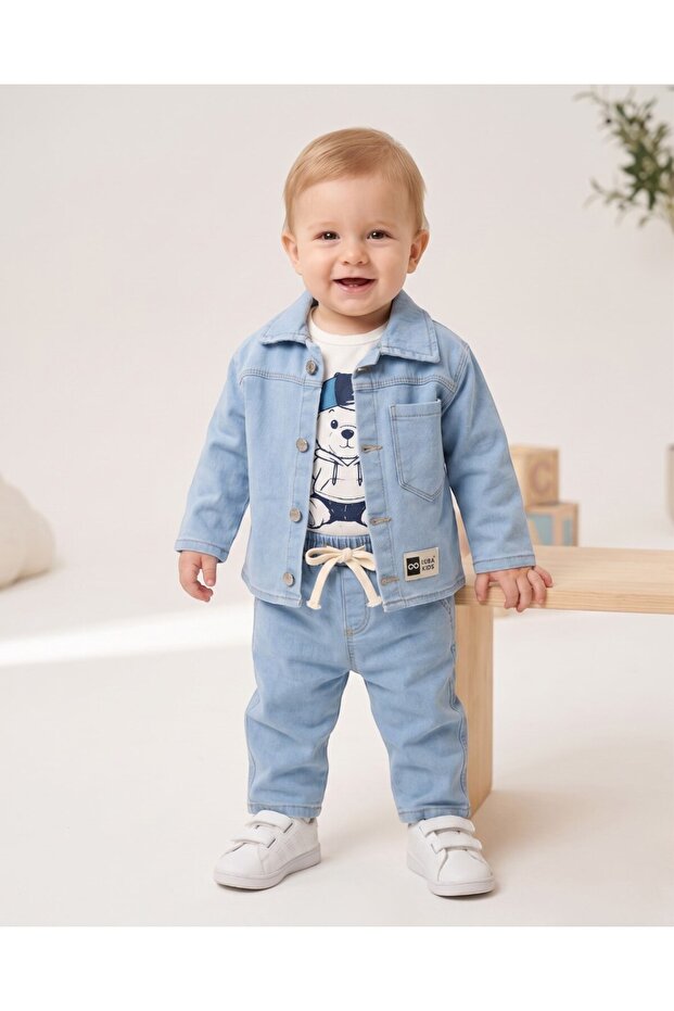 Boys' 1-2-3-4-5 Years Old 3-Piece Denim Set, Stylish 3-Piece Set with Denim Jacket, T-Shirt and Pants