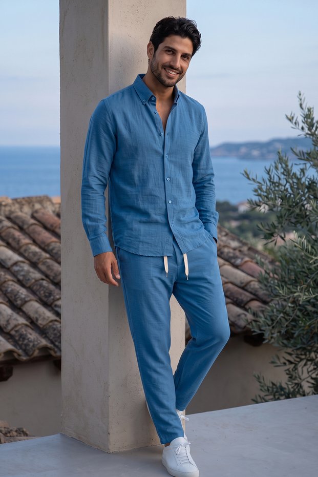 Men's Blue Pera Linen Shirt and Pants Set - Relaxed Fit Two-Piece Set Summer Shirt Collar