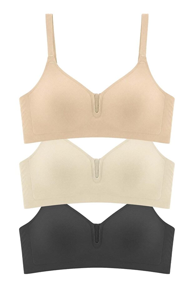 Seamless Bra - Eloria | Laser Cut Seamless Underwire-Free Non-Marking Tulle Detailed Bra 3-Pack