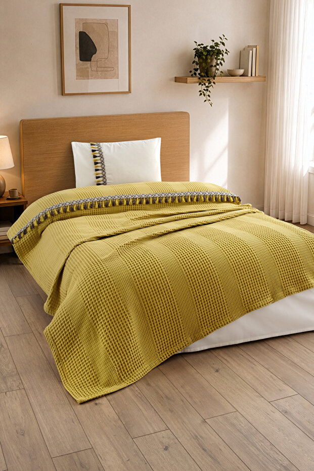 3 Piece Single Person Tassel Lace Pique Set - Pique Set with Pool - 160X220 cm - Mustard