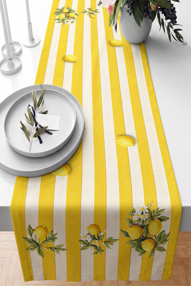 Lemon and Leaf Motif Yellow and White Striped 40X140Cm Digital Printed Runner Decorative Table Runner