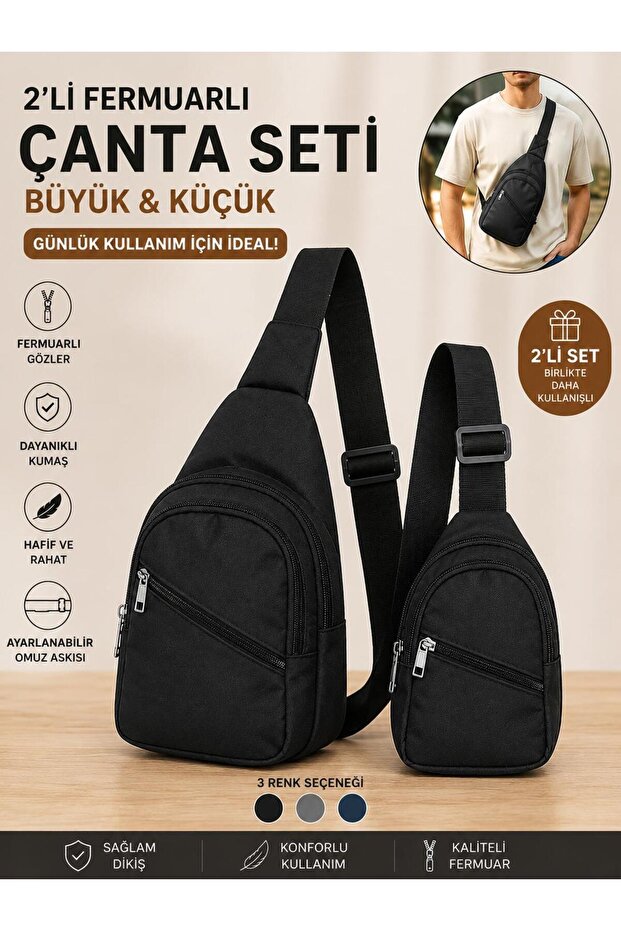 Unisex Set Black Multi-Zipper Compartment Crossbag Body Strap Waist Bag