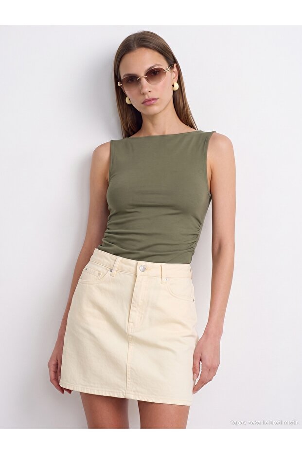 31589 Gathered Boat Neck Top-Khaki