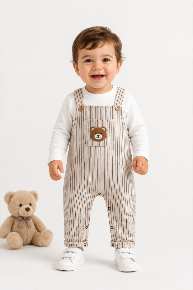 Baby Boy 2-Piece Teddy Bear Striped Organic Salopet Set 100% Cotton Long Sleeve Baby Romper