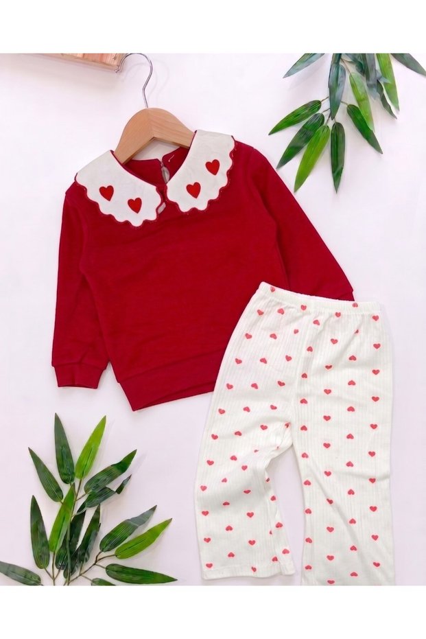 Baby Girl Seasonal Heart Printed Baby Collar 9-12-18-24 Months Slim Fit 2-Piece Baby Set
