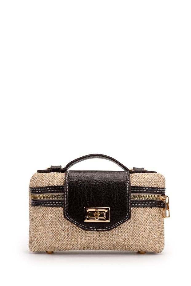 Lock Detailed Box Form Faux Leather Women's Crossbody Bag Lulu Linen Brown