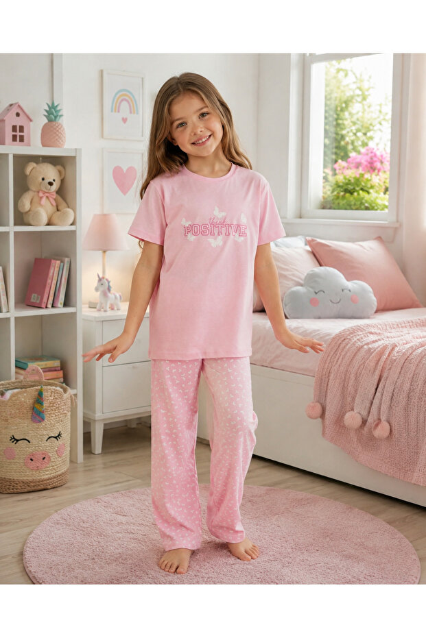 Girl's Short Sleeve Long Sleeve'Think Positive' Printed Butterfly Pattern 100% Cotton Pajama Set