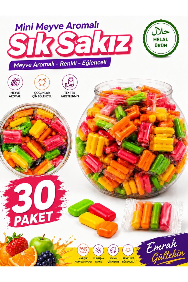 Mini Fruit-Flavored Chewing Gum 30 Packs of Mixed Fruit-Flavored Soft Chewable Gum