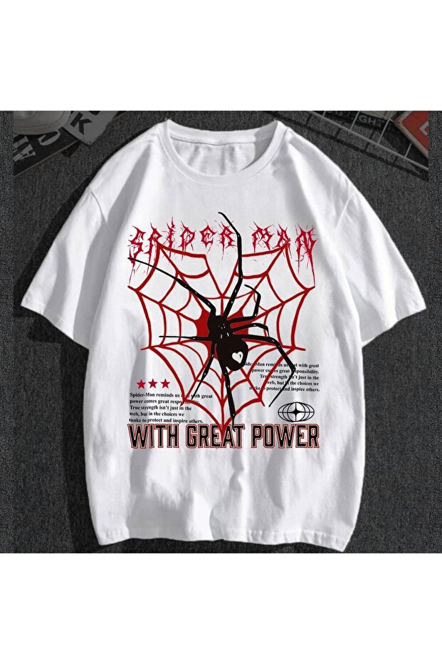 تي شيرت أبيض مطبوع عليه شبكة العنكبوت البيضاء من Great Power