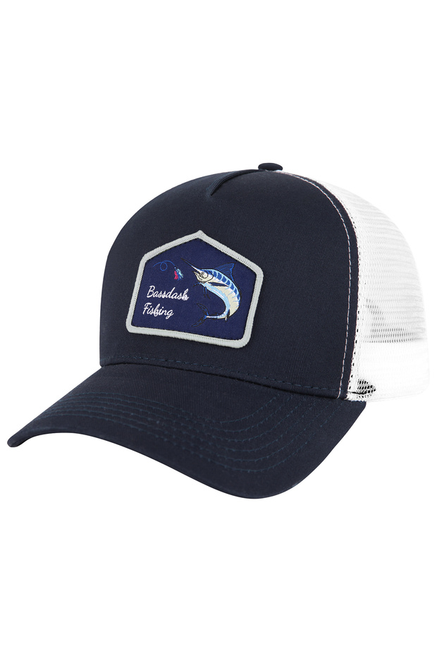 قبعة بيسبول قابلة للتعديل بظهر شبكي وصيد السمك من Navy Jumping Marlin BASSDASH Trucker مع رقعة مطرزة