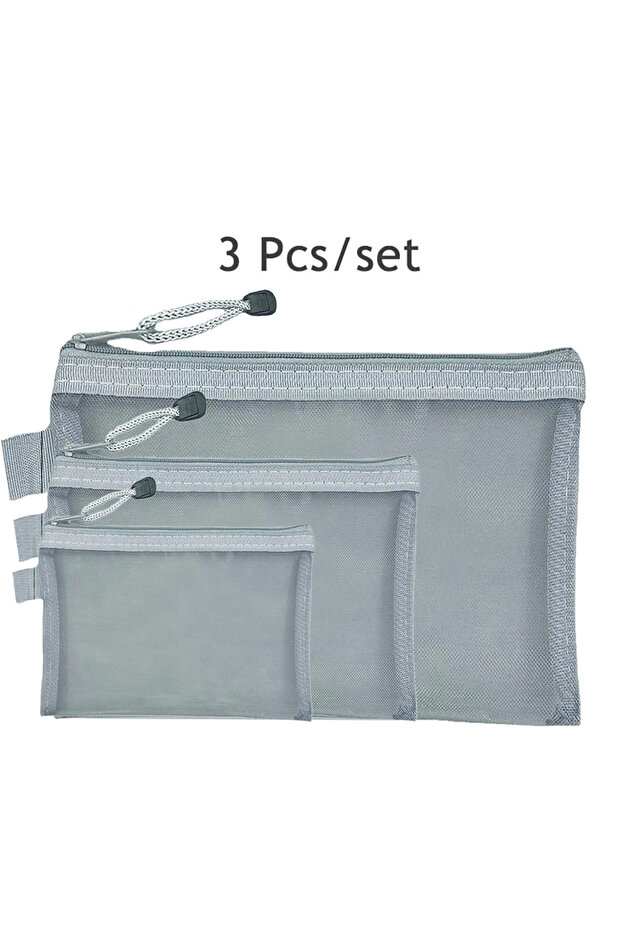 3 3pcs Gray 3Pcs File Folders A4 A5 A6 Document Storage Bag Nylon Mesh Zipper Pouch Test Stationery
