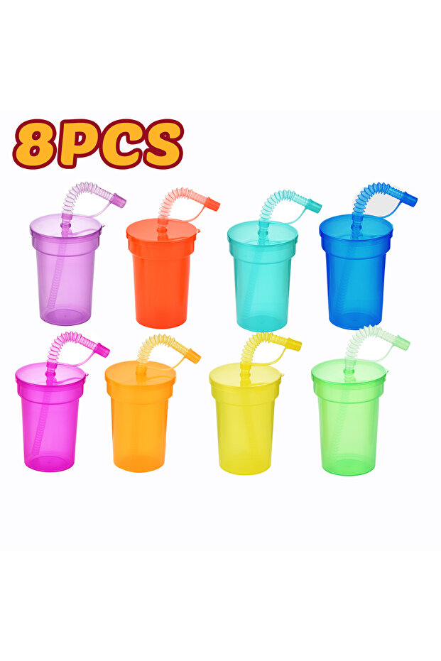 8pcs Neon Sipper Cups - Colorful, Spill-Proof Cups with Lids and Straws - Ideal for School Events, T