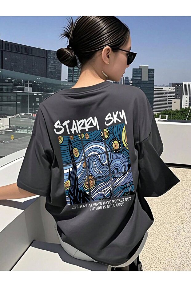 Gray Starry Sky Back Print Oversize T-Shirt