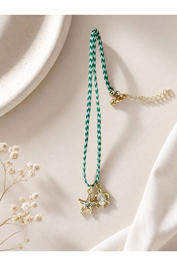 Gold Star Turtle Charm Patterned Rope Necklace