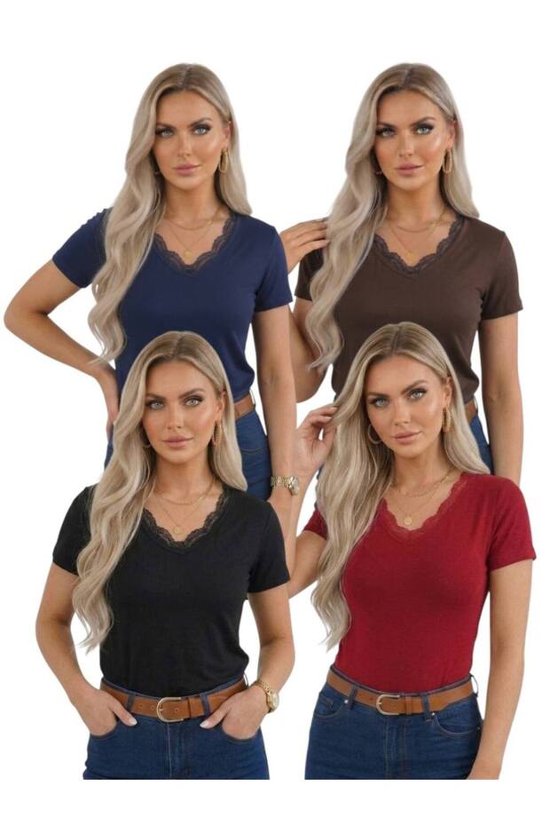 Women's V-Neck Short Sleeve Body Viscosse Lace Embroidered Body T-Shirt 4-Piece Deal Pack