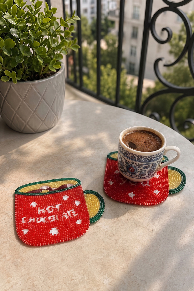 Bead Embroidered Coasters Set of 2 12X10 cm Red