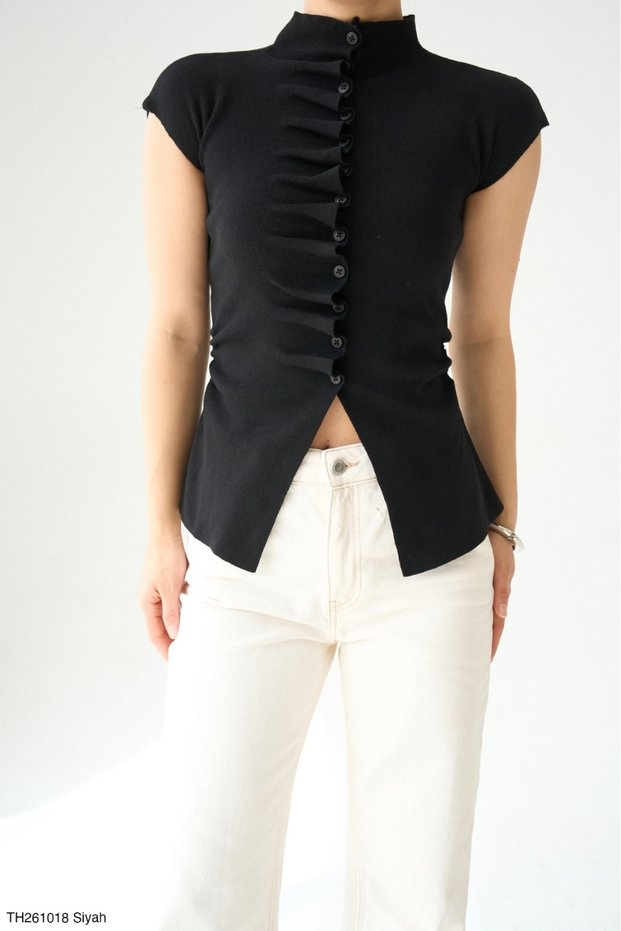 Women's Buttoned Gathered Detailed Sleeveless Knitwear Cardigan