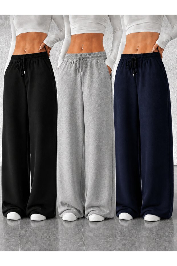 Winter Ruched Triple Layered Women's Black Gray Navy Blue Wide Leg Sweatpants - Comfortable Cut Loose Leg Sweatpants