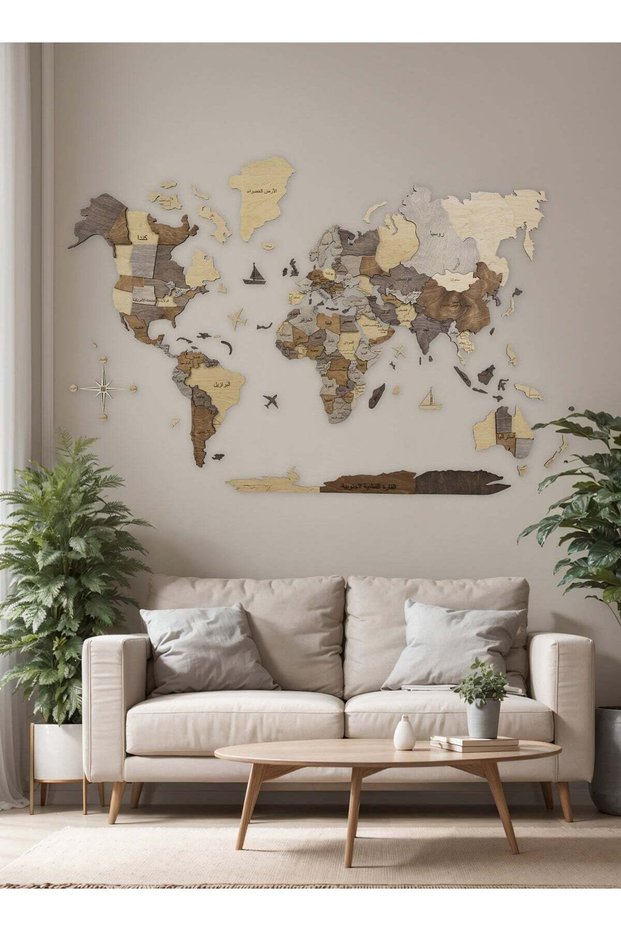 3D Wooden World Map Wall Decor for Living Room & Home UAE, Multicolor Arabic