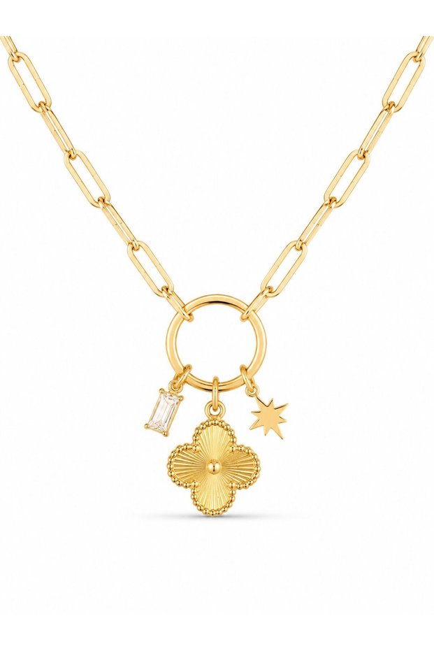 Gold Color Paperclip Chain Clover Model Women's Necklace