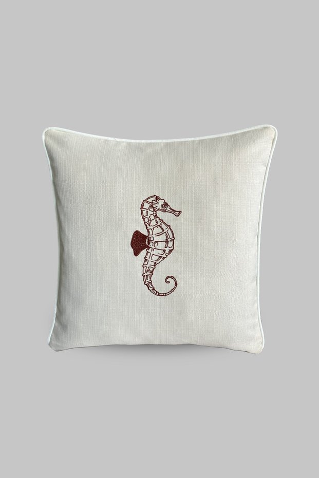 Orange Embroidered Seahorse Patterned Decorative Water-Repellent Fabric with Piping Edges Cream 45*45 cm Cushion Cover Boat - Garden - Balcony