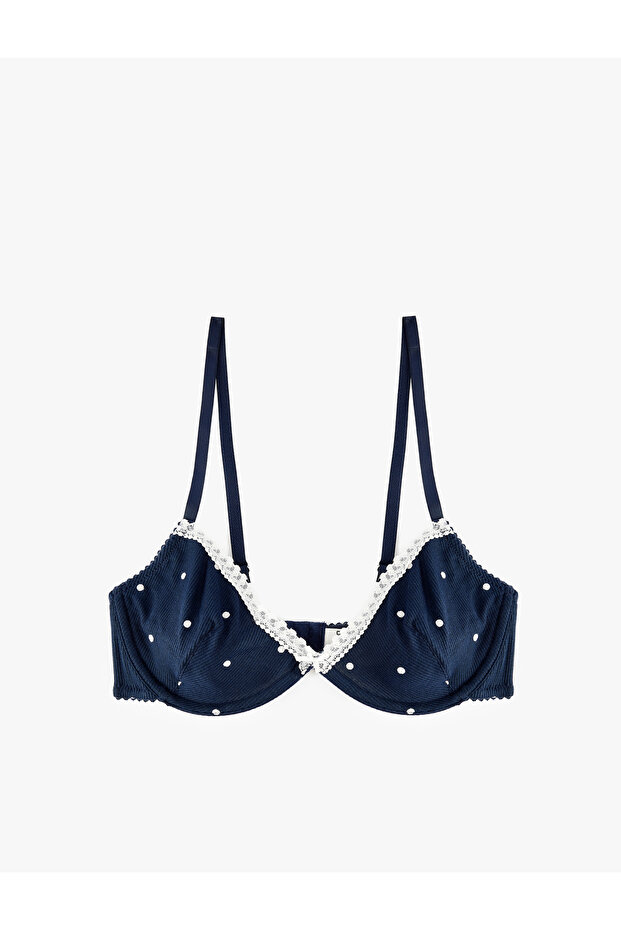 Lace Detailed Underwire Non-Padded Polka Dot Patterned Viscose Bra