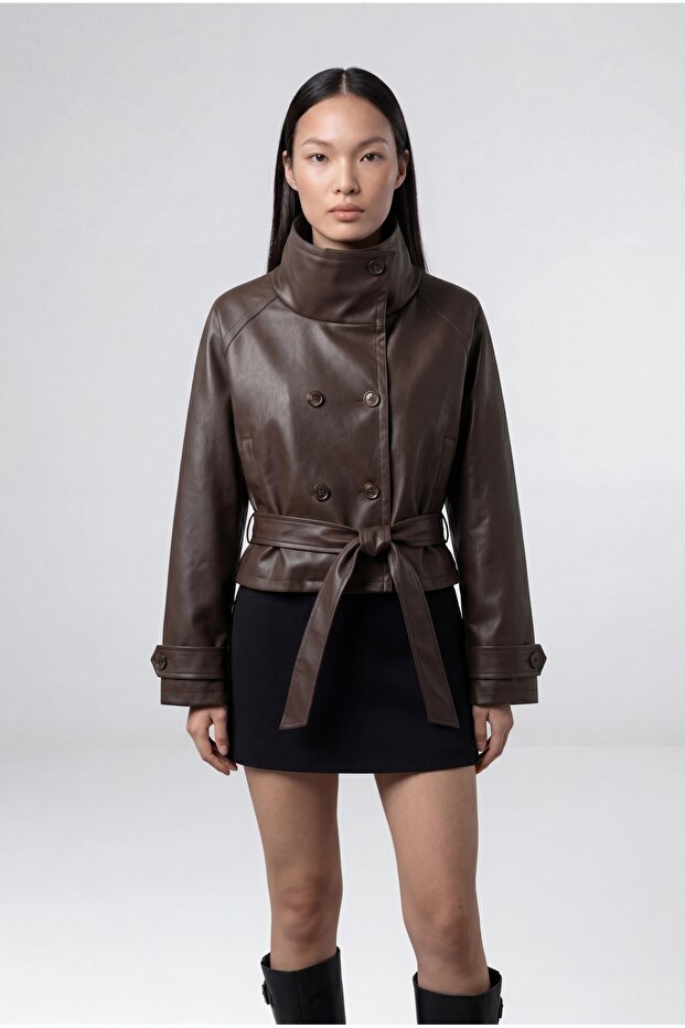 High Collar Faux Leather Trench Coat