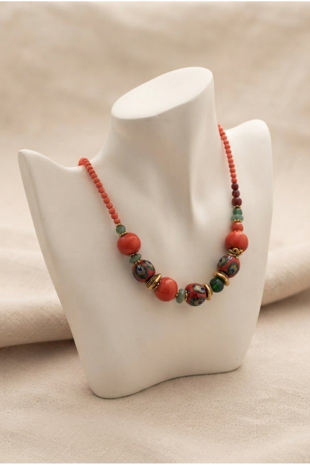 Handmade Special Design Necklace with Large Red Patterned Glass Bead Detail