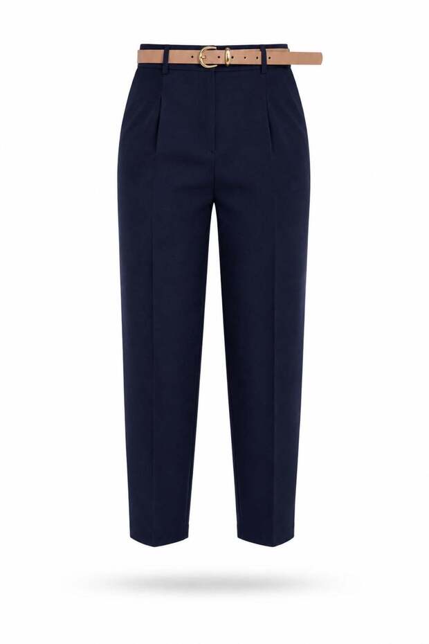 Navy Blue Belted Carrot Cut Trousers 00430