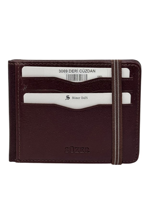 Elastic, Double-Folded, Transparent Internal Compartments, Horizontal Model, Genuine Leather, Sports Men's Wallet, Brown