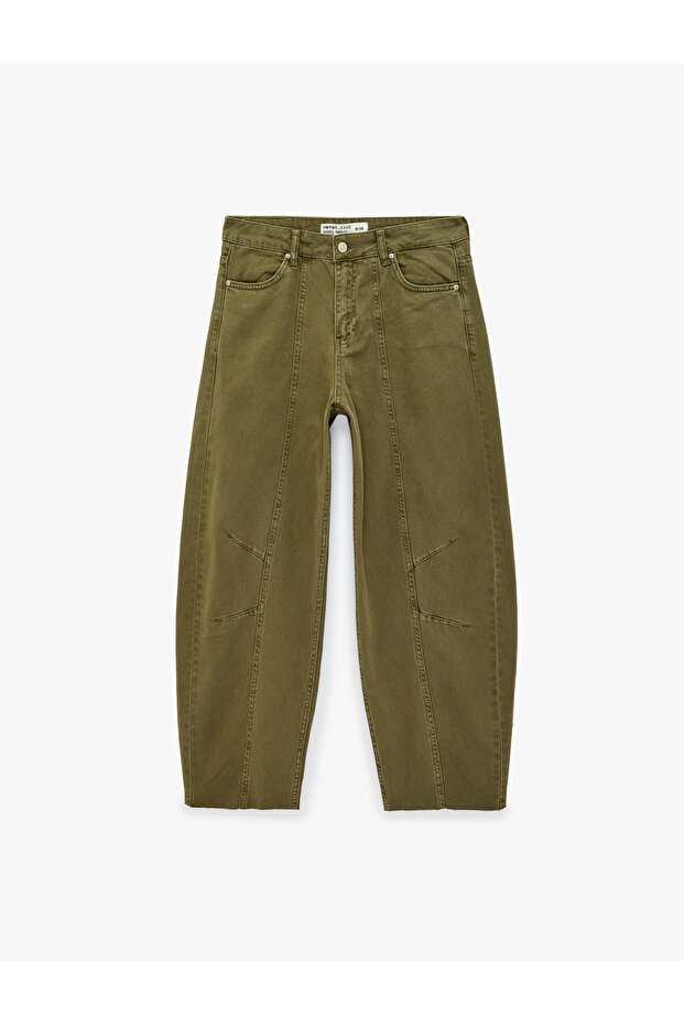 Normal Waist, Five Pockets, Stitching Detail, Cotton Comfortable Fit Barrel Trousers