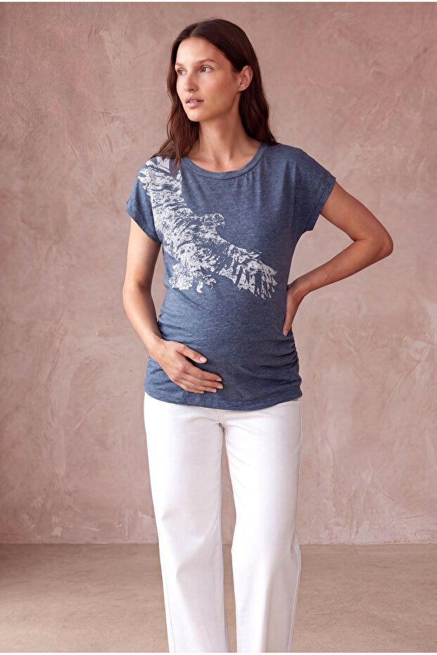 Maternity Cotton Blue Melange Short Sleeve Crew Neck Printed T-Shirt Willa