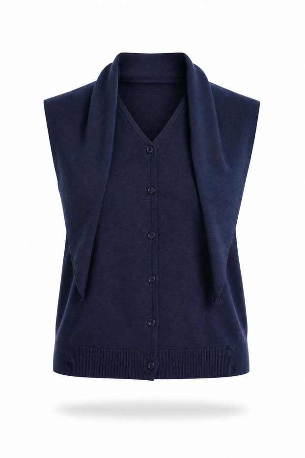 Navy Blue Scarf Detailed Knitwear Vest 5431